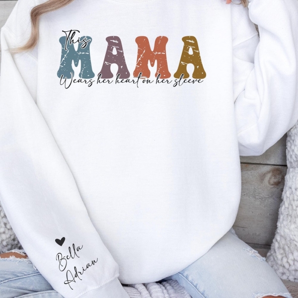 Personalized Mom Sweatshirt With Kids Names, Cute Momma Outfit, Mothers Day Gifts, Custom This Mama Wears Her Heart On Her Sleeve Hoodie