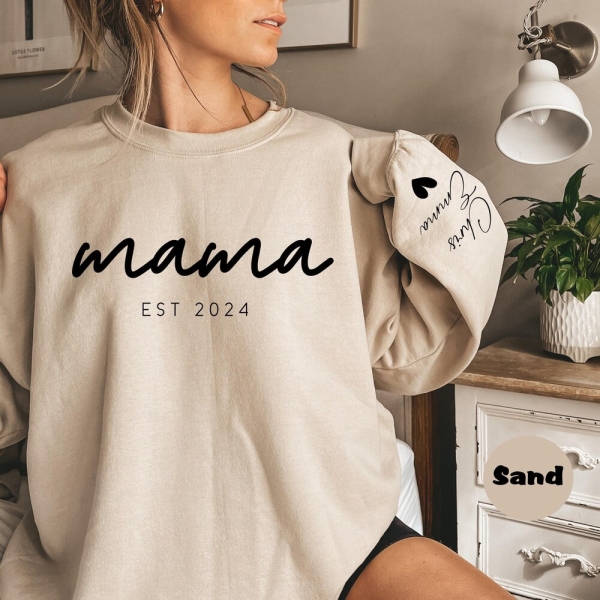 Personalized Mom and Est. Date Sweatshirt, Custom Mama Sweatshirt with Kids Name on Sleeve, Gift Momma Hoodie, Gift for Mommy, Mother's Day